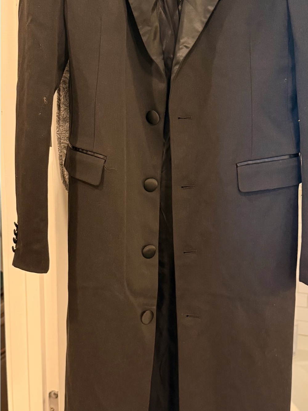 Men's Black Long Trench Coat with Satin Lapel